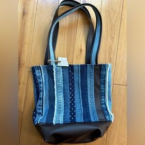 Upcycled Patchwork Denim Tote w/ Leather Bottom – Boho Y2K
